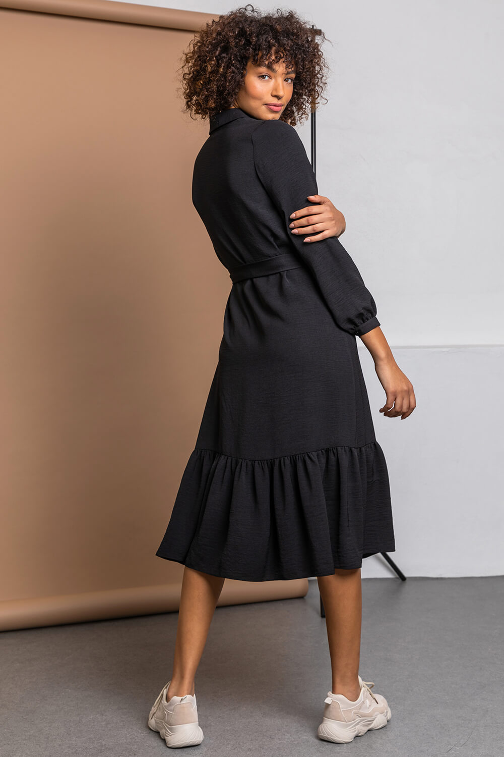 Black Tiered Midi Length Shirt Dress, Image 2 of 5