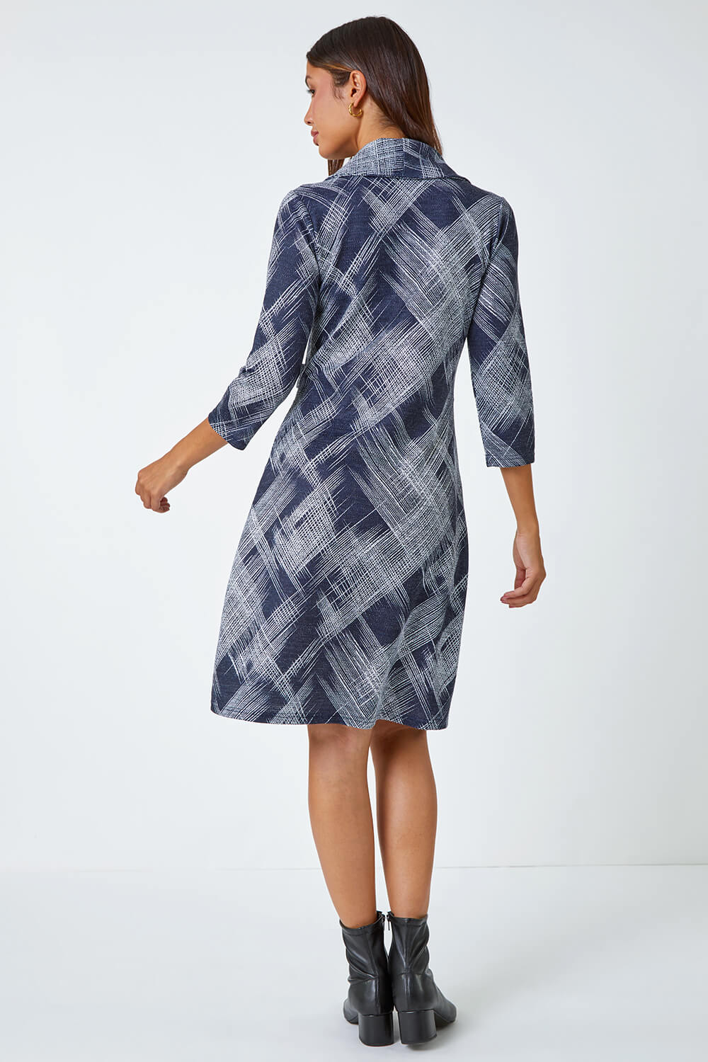 Navy  Abstract Cowl Neck Stretch Dress, Image 3 of 5