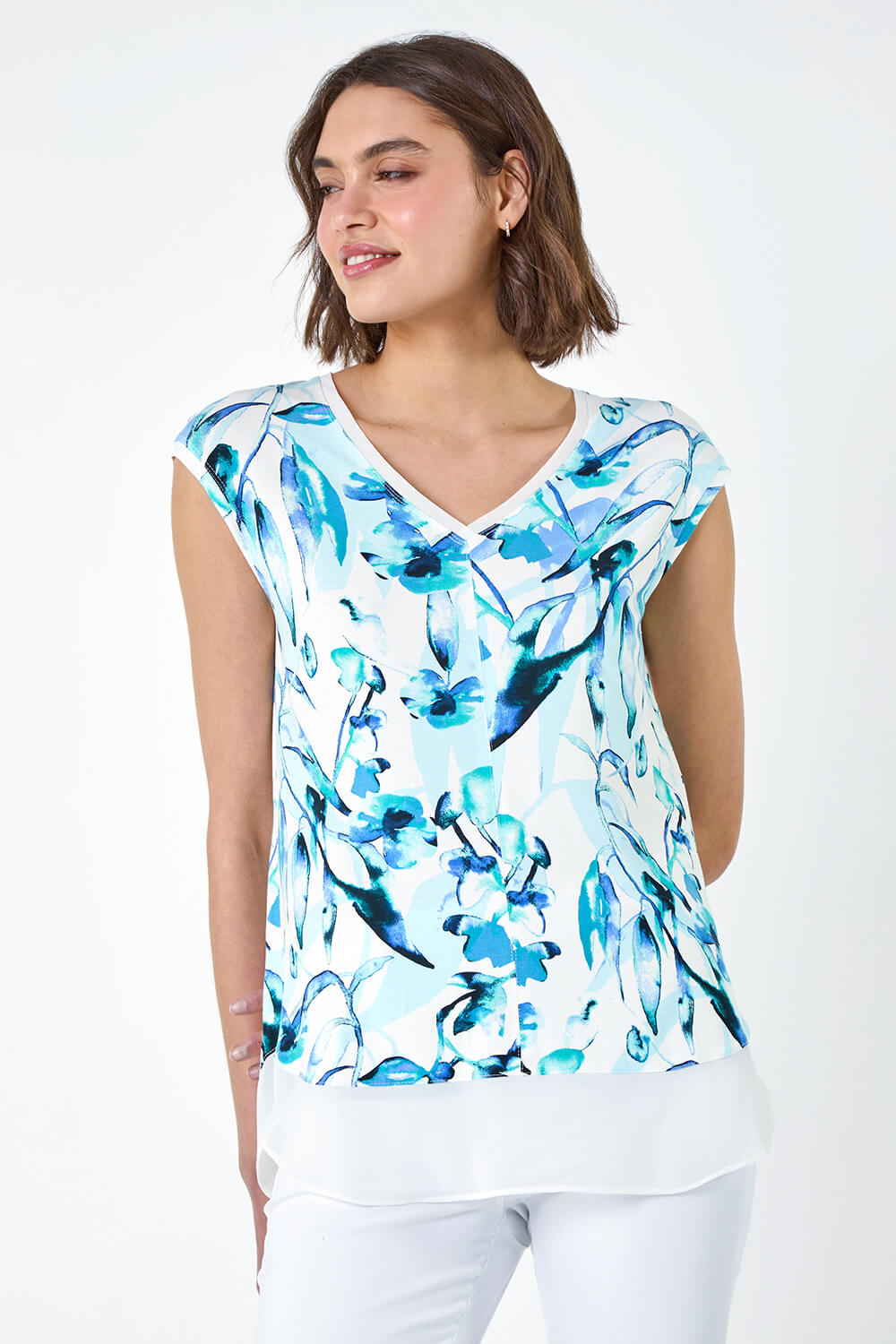 Blue Floral Print Chiffon Hem T-Shirt, Image 4 of 5