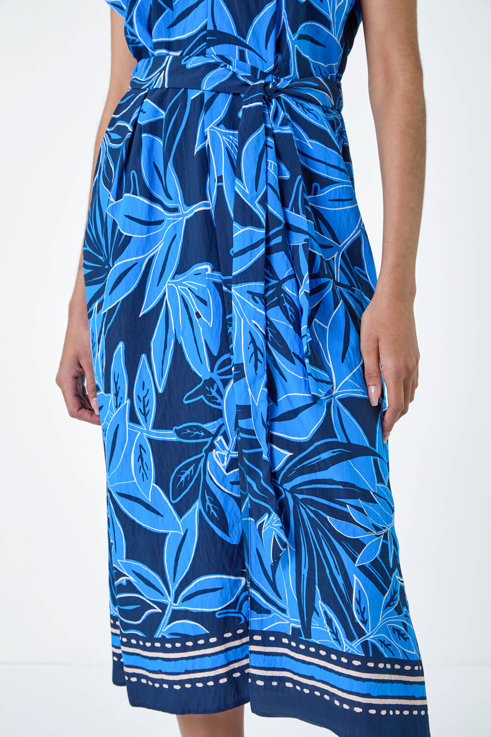 Royal Blue Border Leaf Print Midi Dress, Image 5 of 5