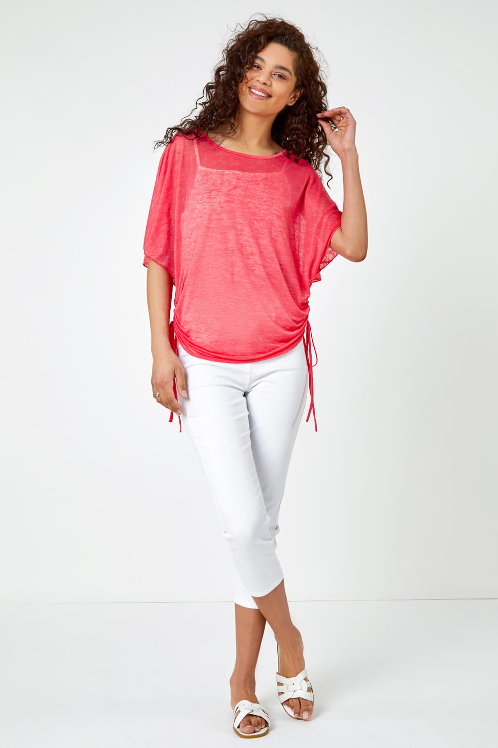 PINK Ruched Batwing Mesh Top, Image 2 of 5