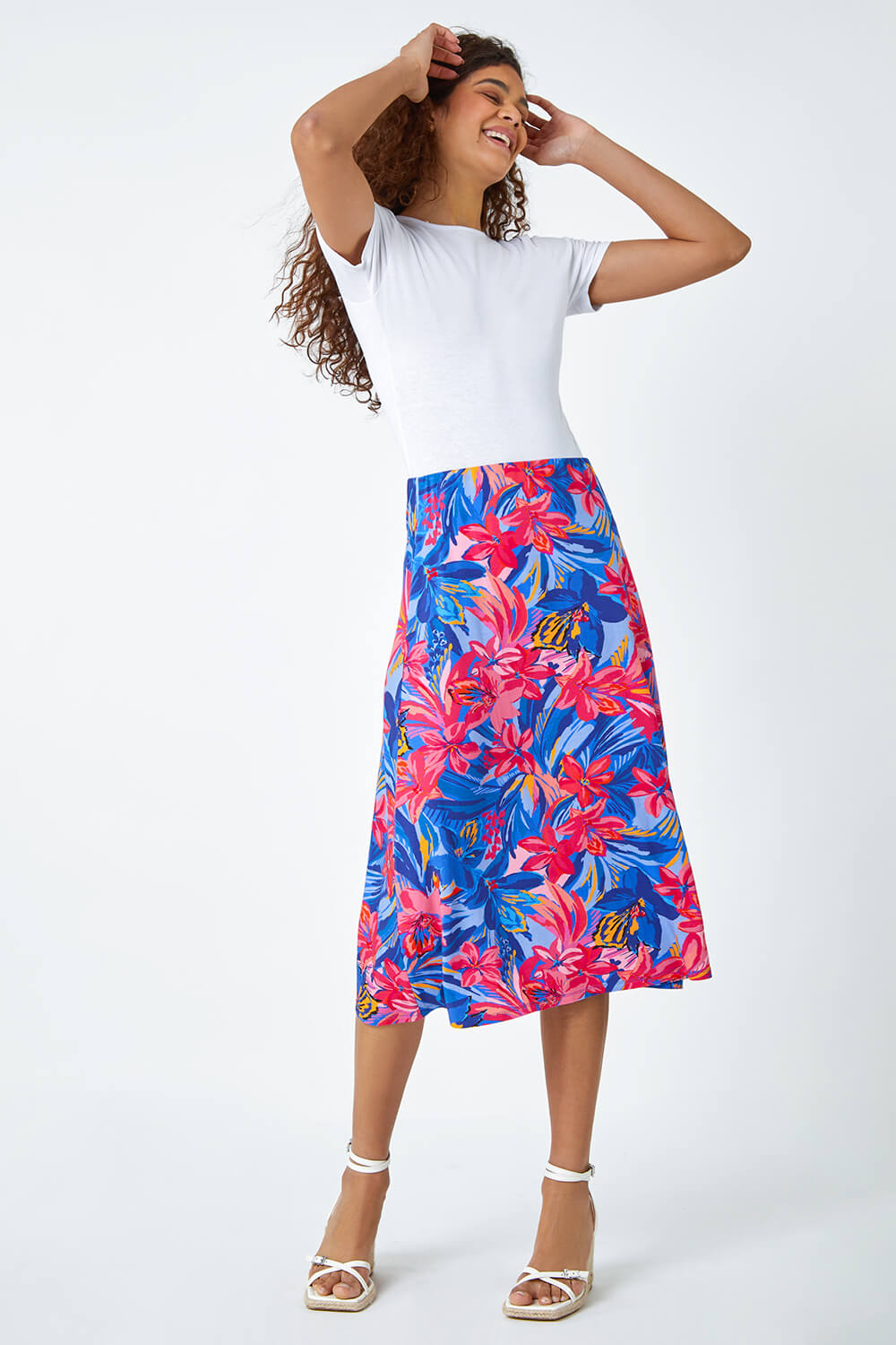 Blue Tropical Floral Stretch Panel Skirt, Image 2 of 5