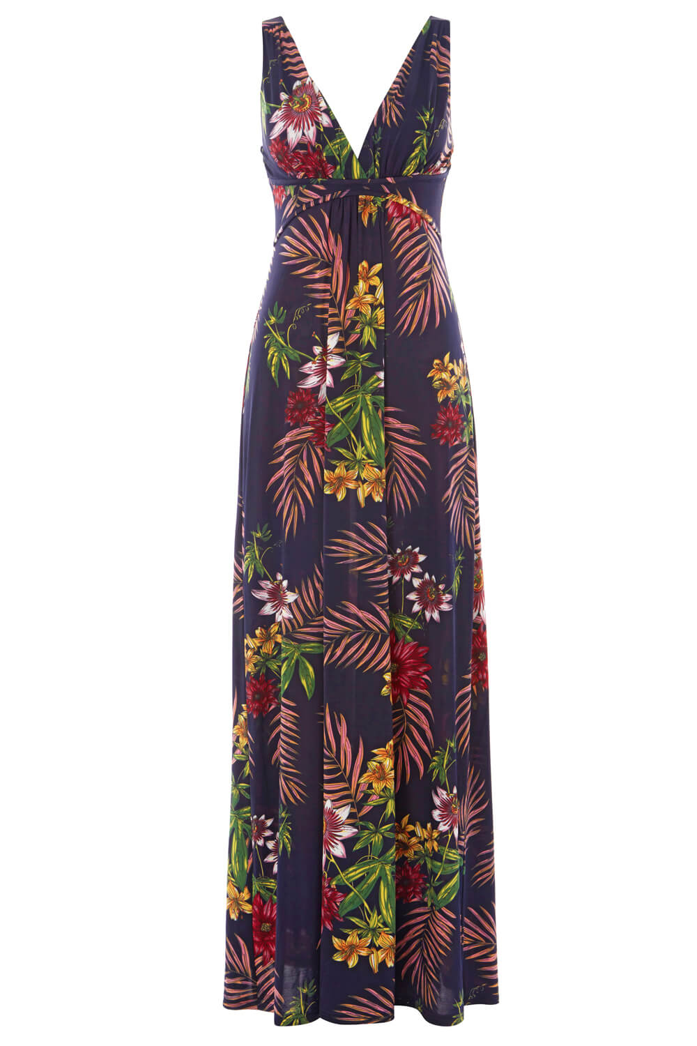 Tropical Print V Neck Maxi Dress in Navy - Roman Originals UK
