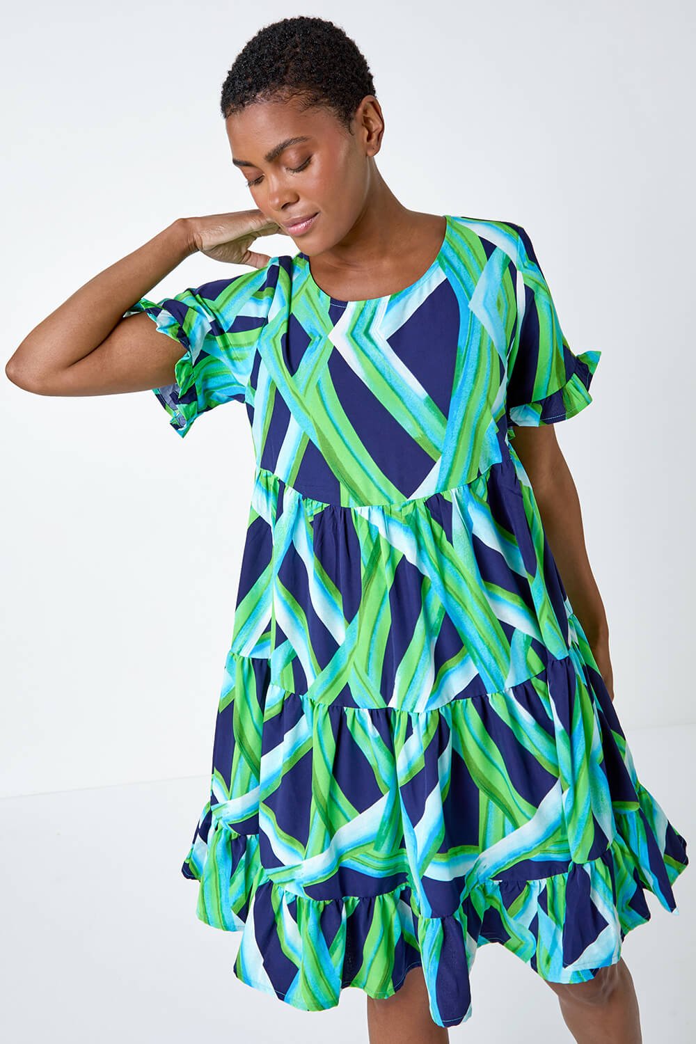 Green Abstract Print Tiered Smock Dress, Image 2 of 5