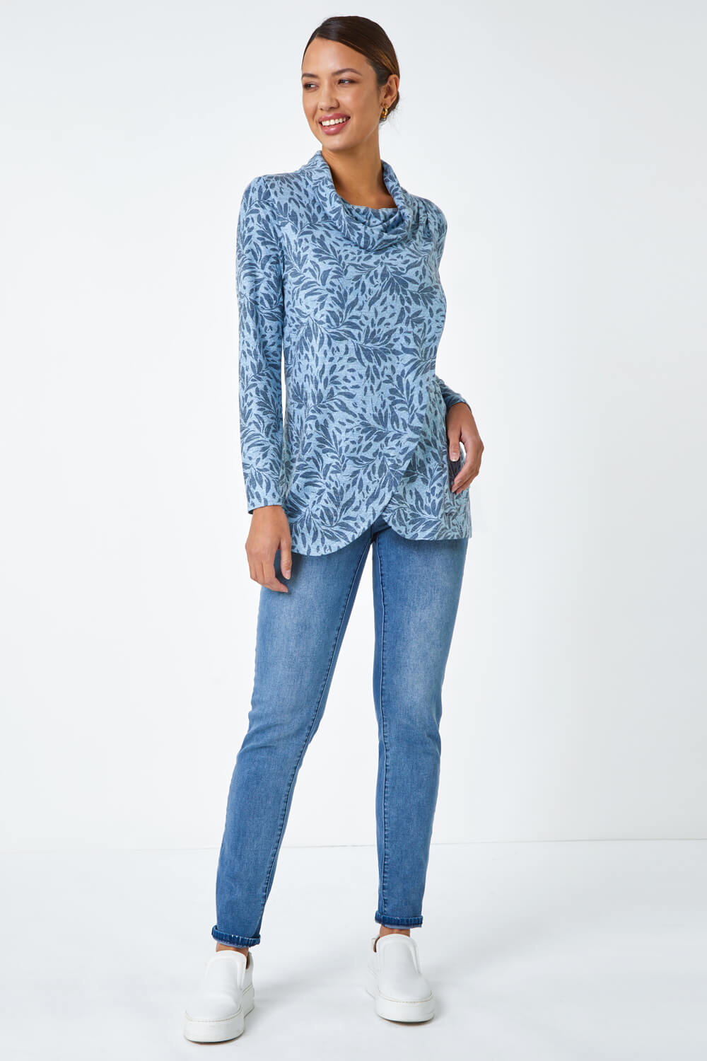 Blue Floral Print Cowl Neck Stretch Top , Image 2 of 5