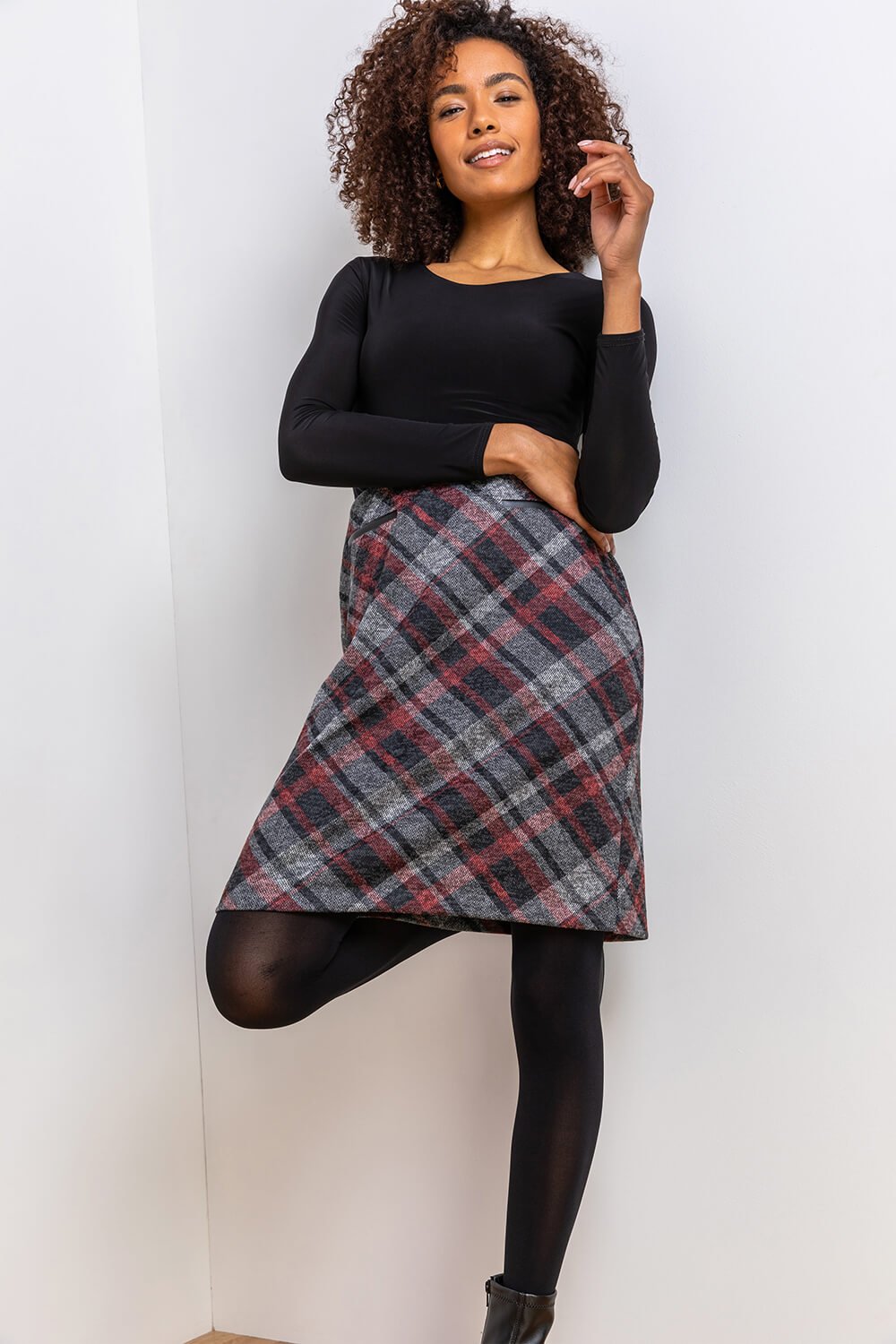 Red Check Print Textured Skirt, Image 4 of 4
