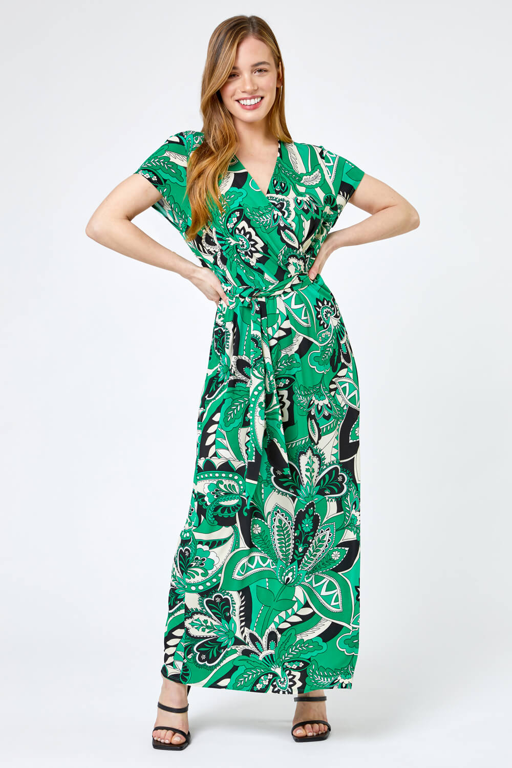 Petite Paisley Print Tie Waist Maxi Dress in Green - Roman Originals UK