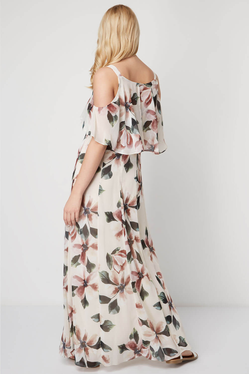 Cold Shoulder Chiffon Floral Maxi Dress In Neutral Roman Originals Uk 