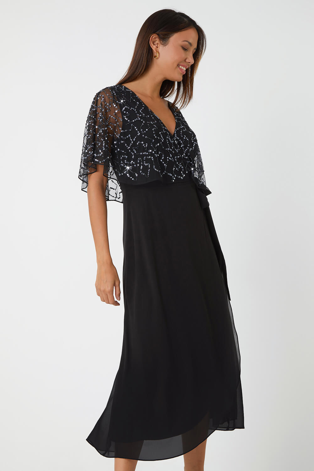 Black Sequin Embellished Chiffon Wrap Maxi Dress, Image 4 of 5