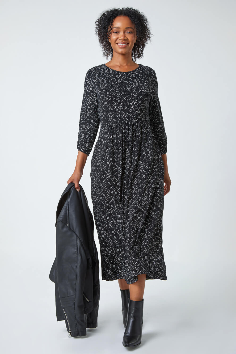 Black Petite Spot Pocket Stretch Ruched Midi Dress, Image 2 of 5
