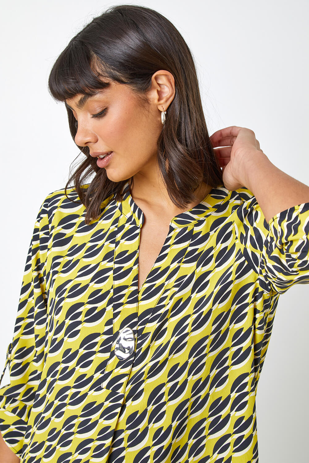Lime Abstract Print 3/4 Sleeve Longline Top, Image 4 of 5