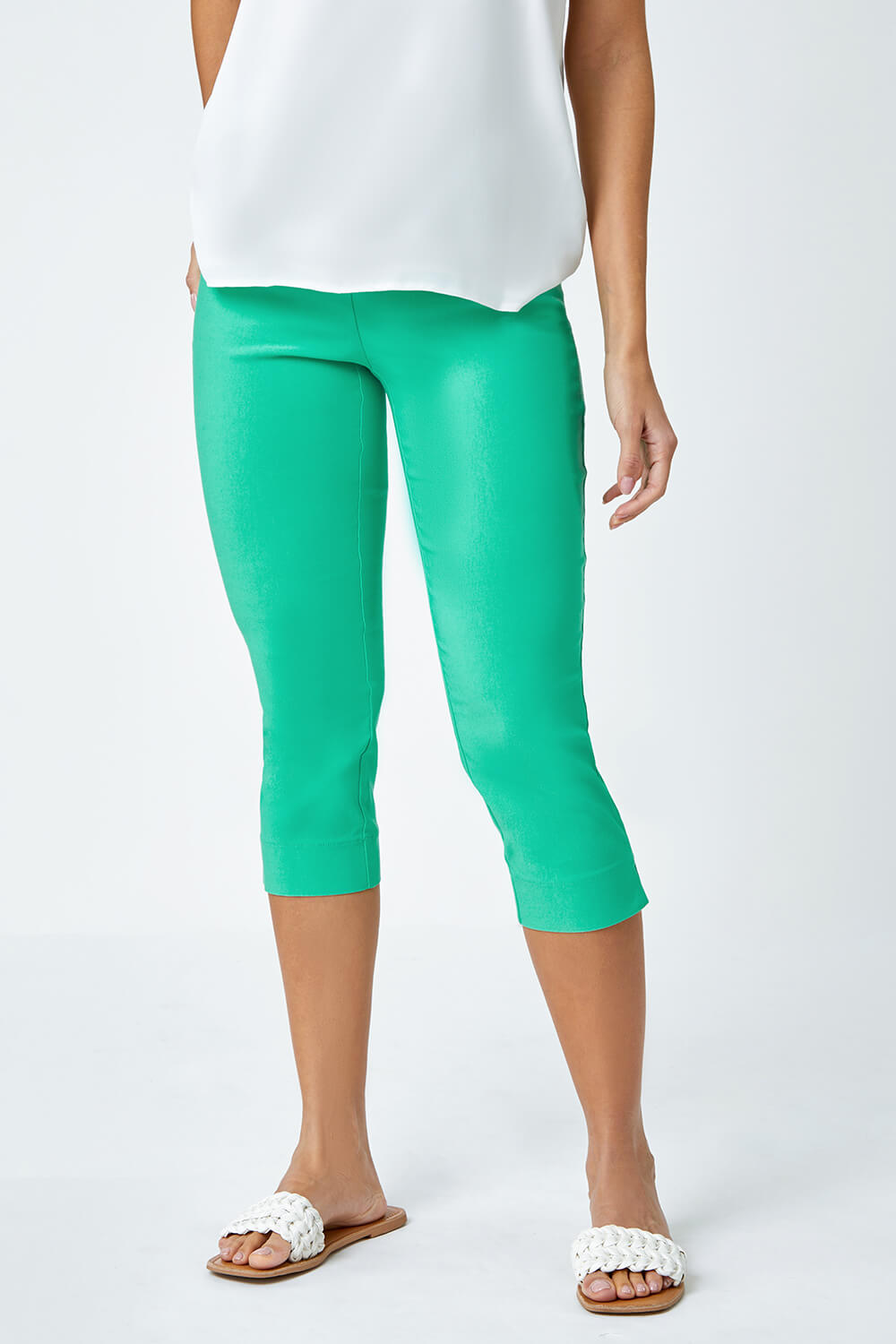 Pale Green Cropped Stretch Trousers, Image 4 of 5