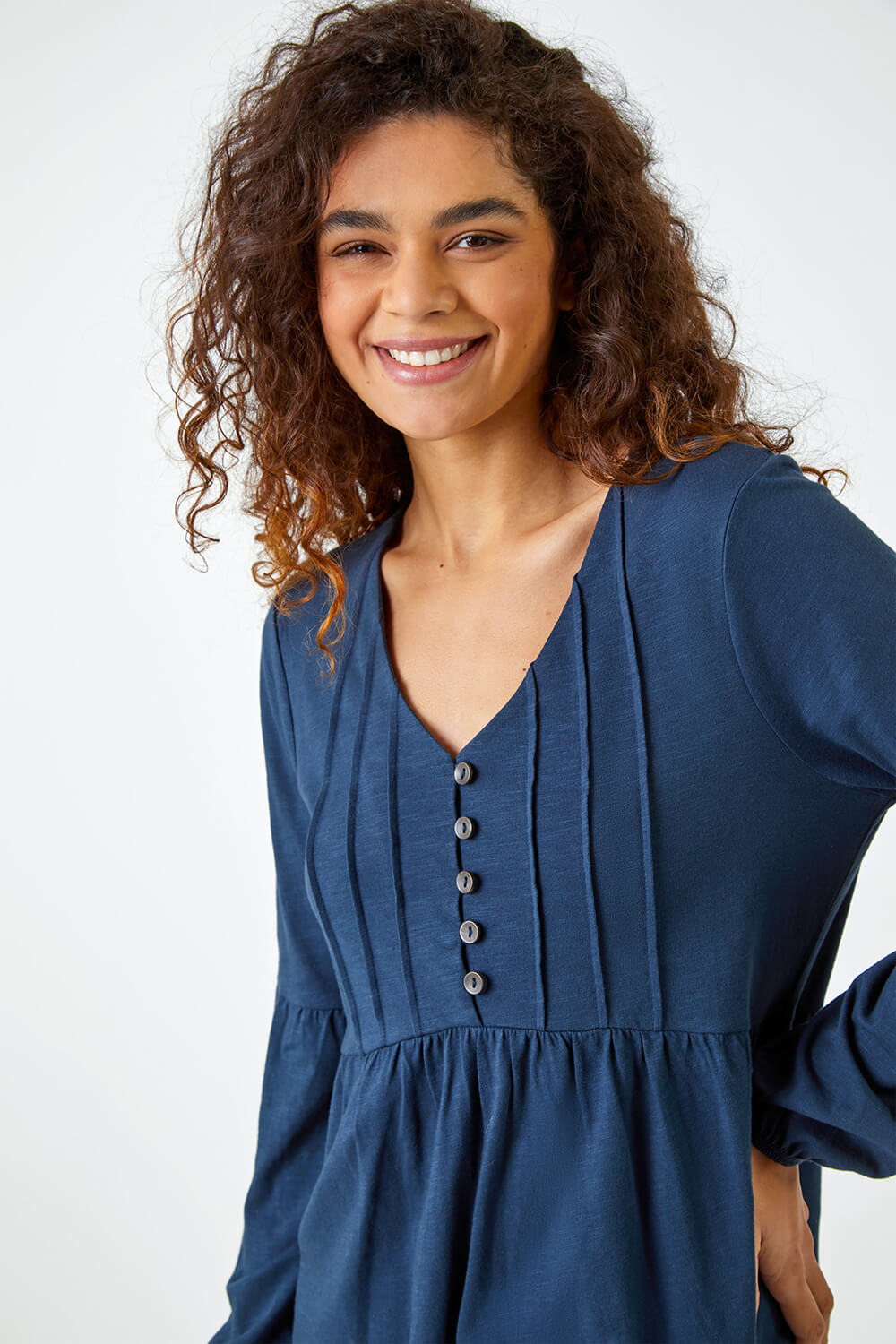 Navy  Pleated Smock Tunic Top, Image 4 of 5