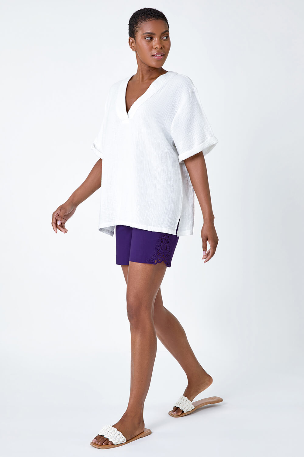 Purple Lace Trim Stretch Shorts, Image 2 of 5