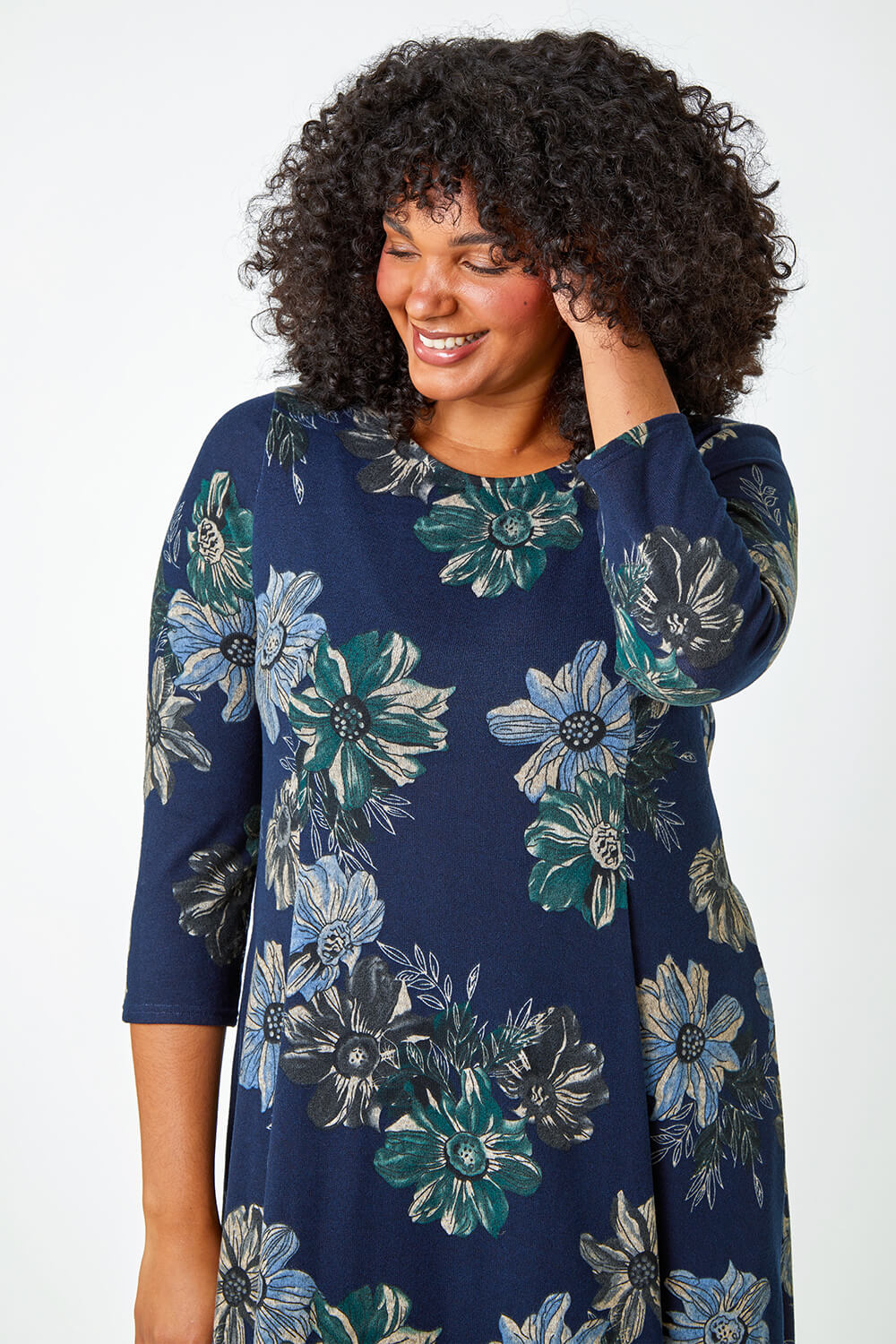 Navy  Curve Floral Print Tunic Stretch Dress, Image 4 of 5