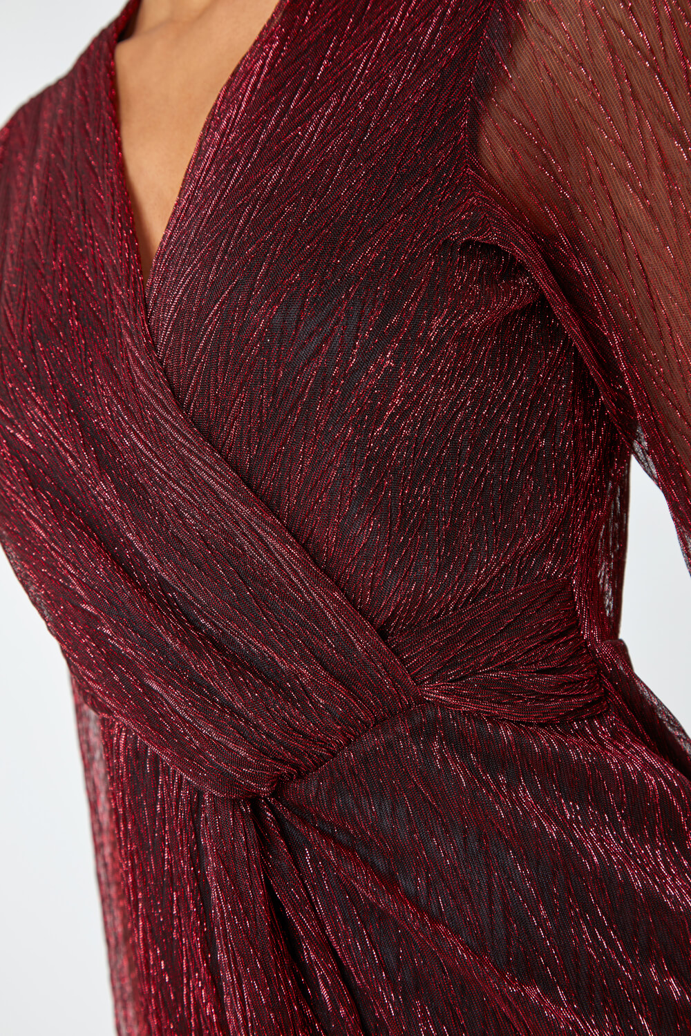 Red Metallic Shimmer Midi Wrap Dress, Image 5 of 5