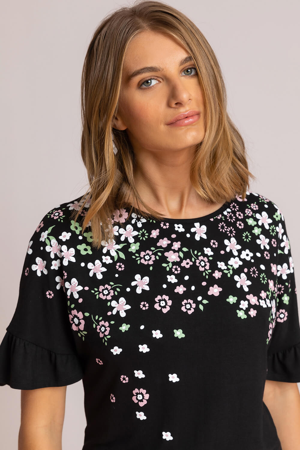 Black Floral Print Frill Sleeve Top, Image 4 of 5