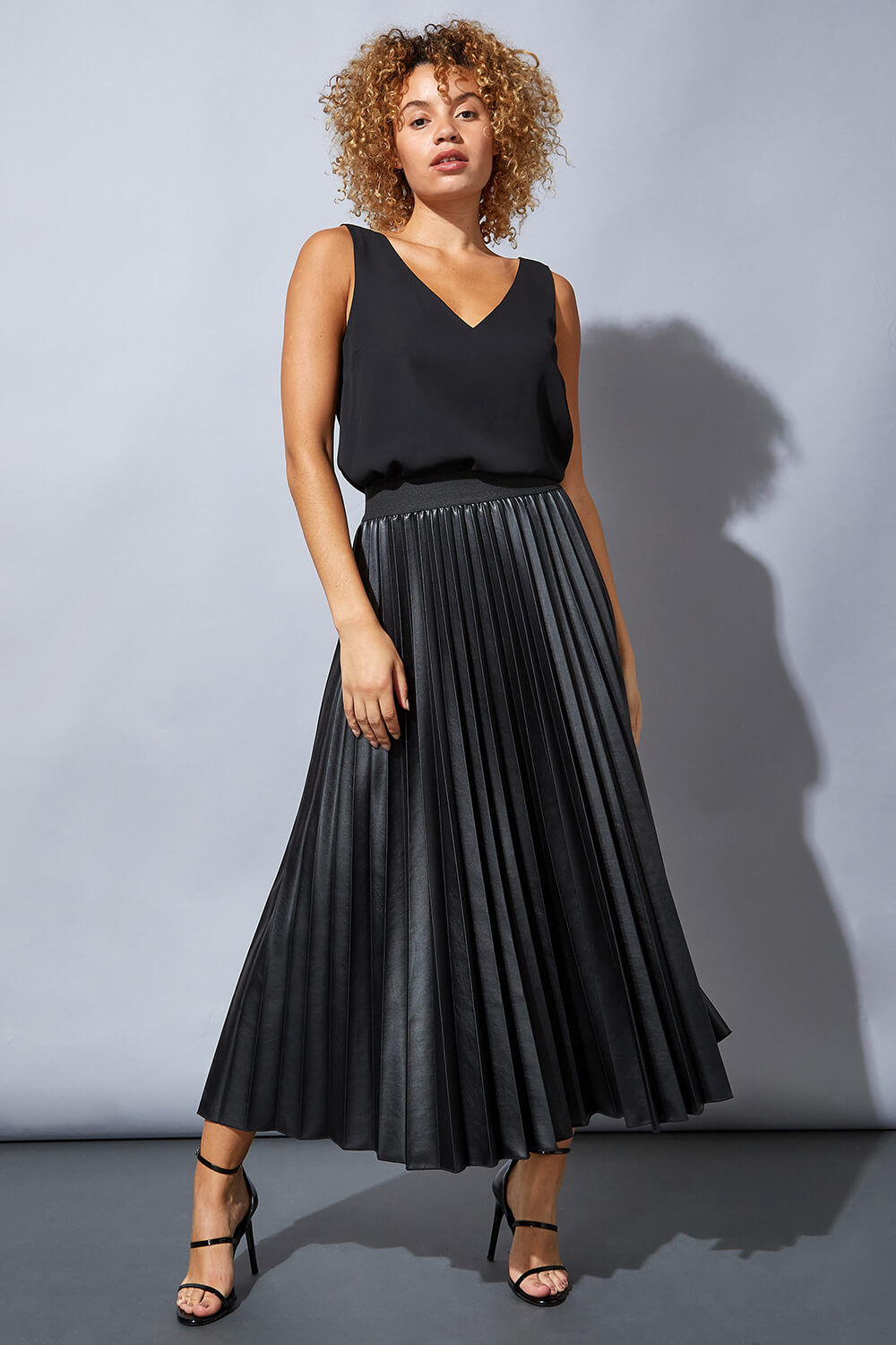 Faux Leather Pleated Maxi Skirt in Black - Roman Originals UK