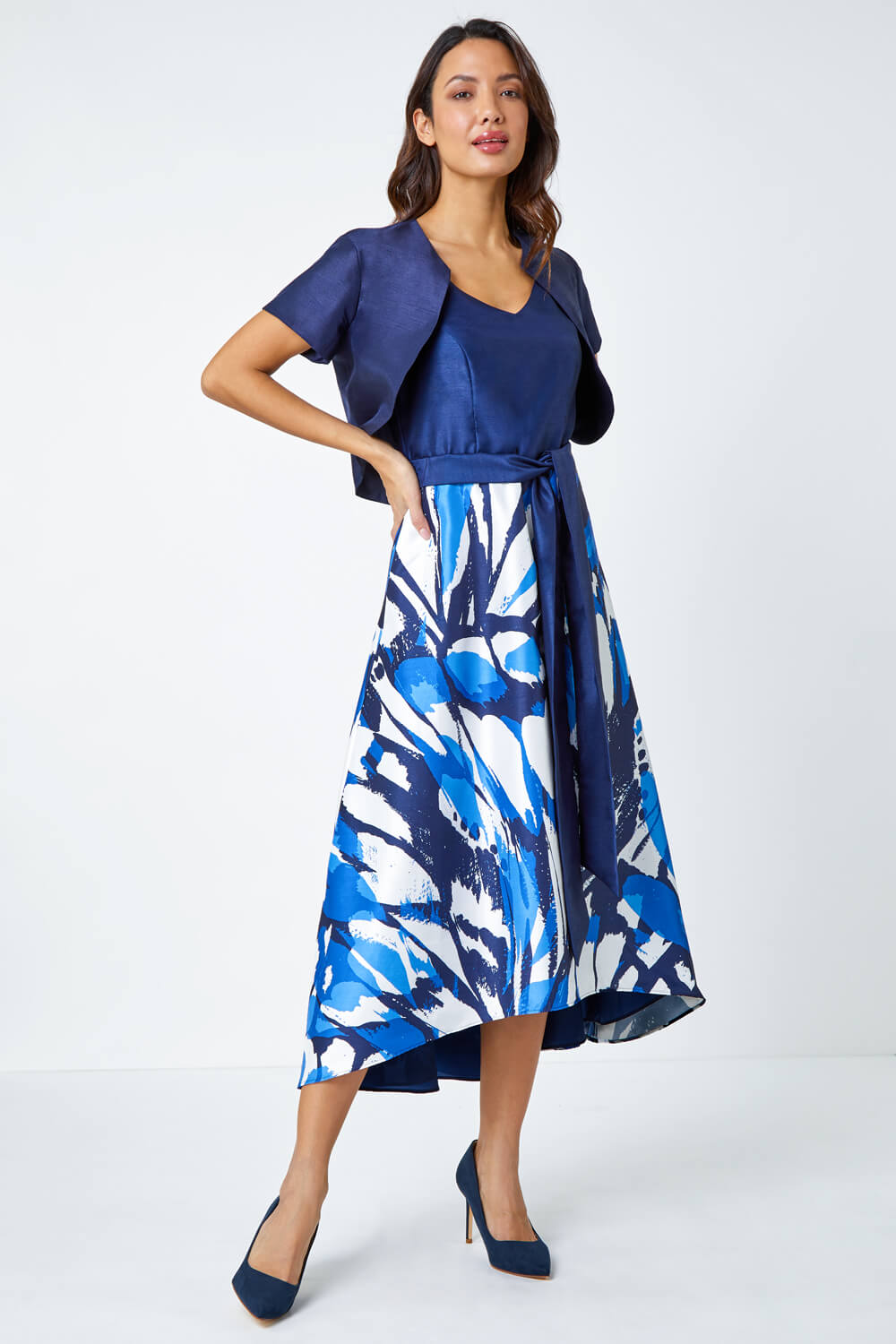 Navy  Butterfly Print Fit & Flare Dress, Image 2 of 5