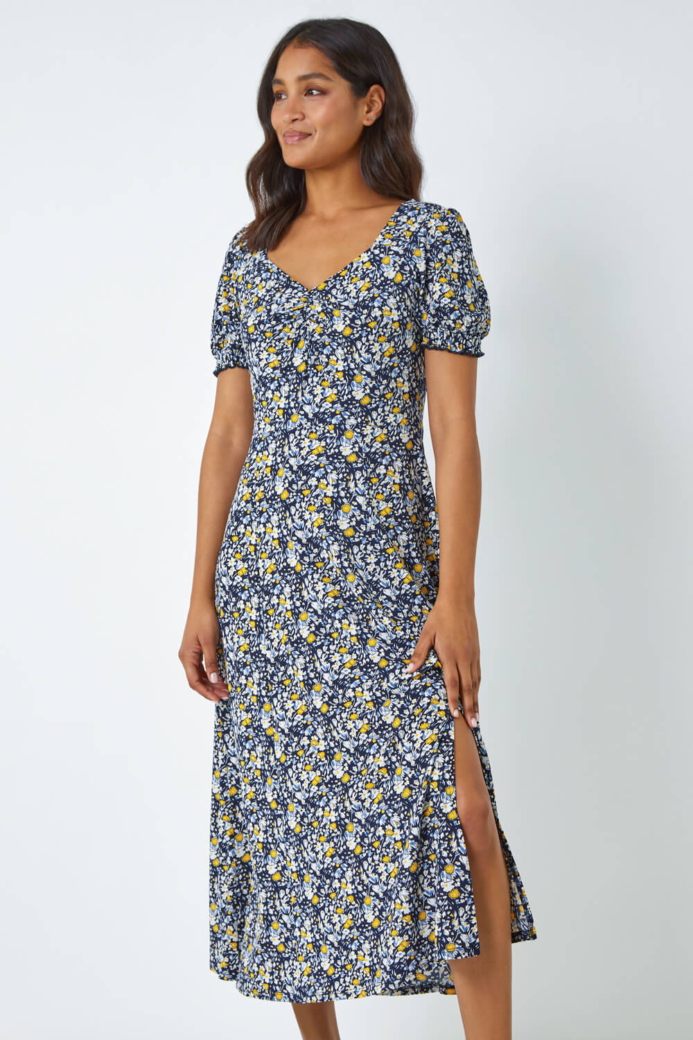 Yellow Ditsy Floral Ruched Maxi Dress, Image 2 of 5