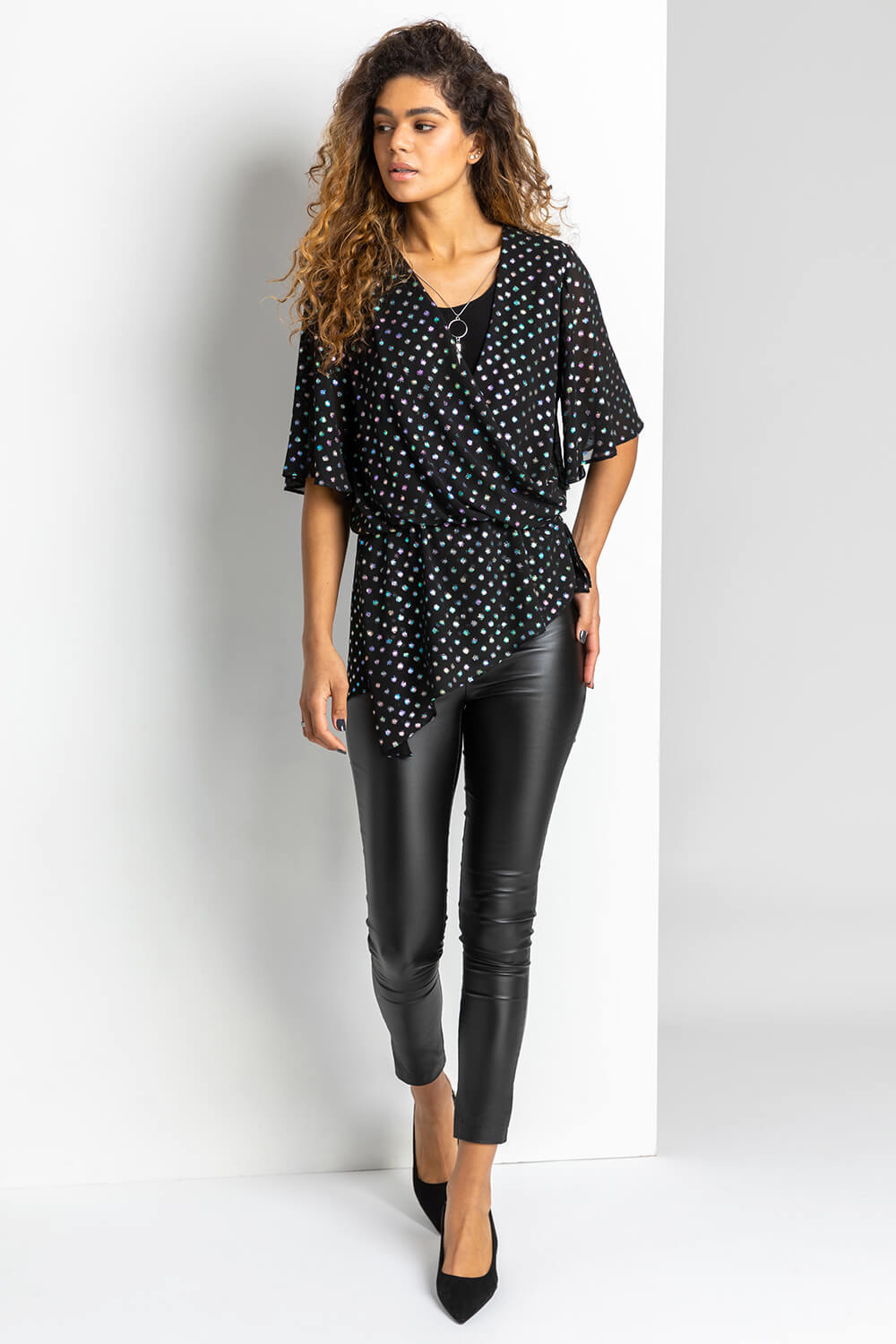 Black Foil Spot Print Top and Necklace, Image 3 of 4