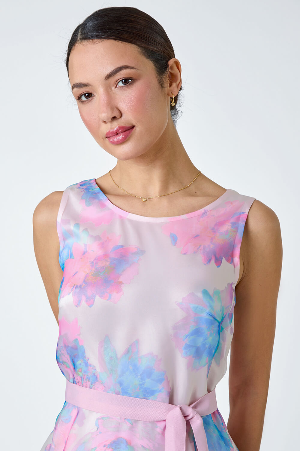Light Pink Floral Print Organza Fit & Flare Dress, Image 4 of 5