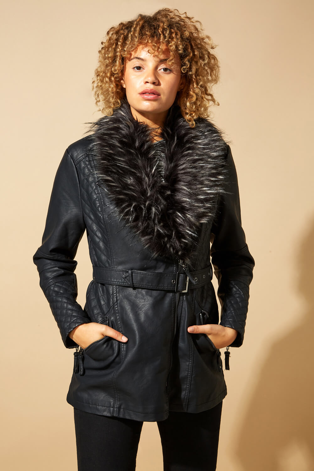 Longline Faux Leather Belted Coat in Black - Roman Originals UK