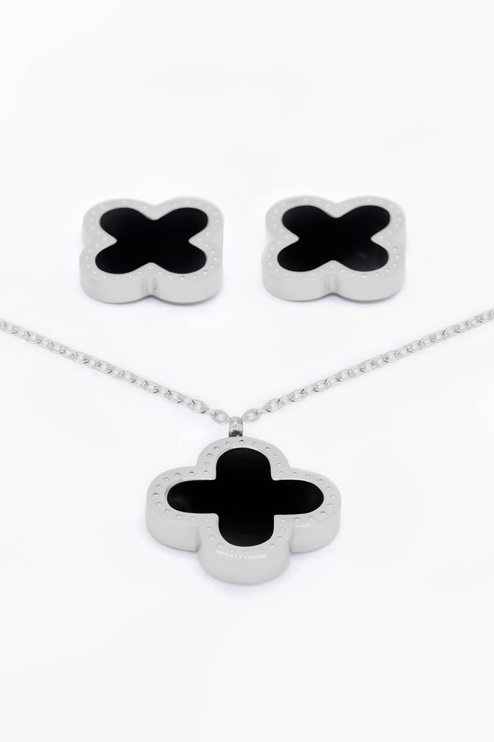 Silver Stainless Steel Clover Pendant and Earring Set, Image 2 of 2
