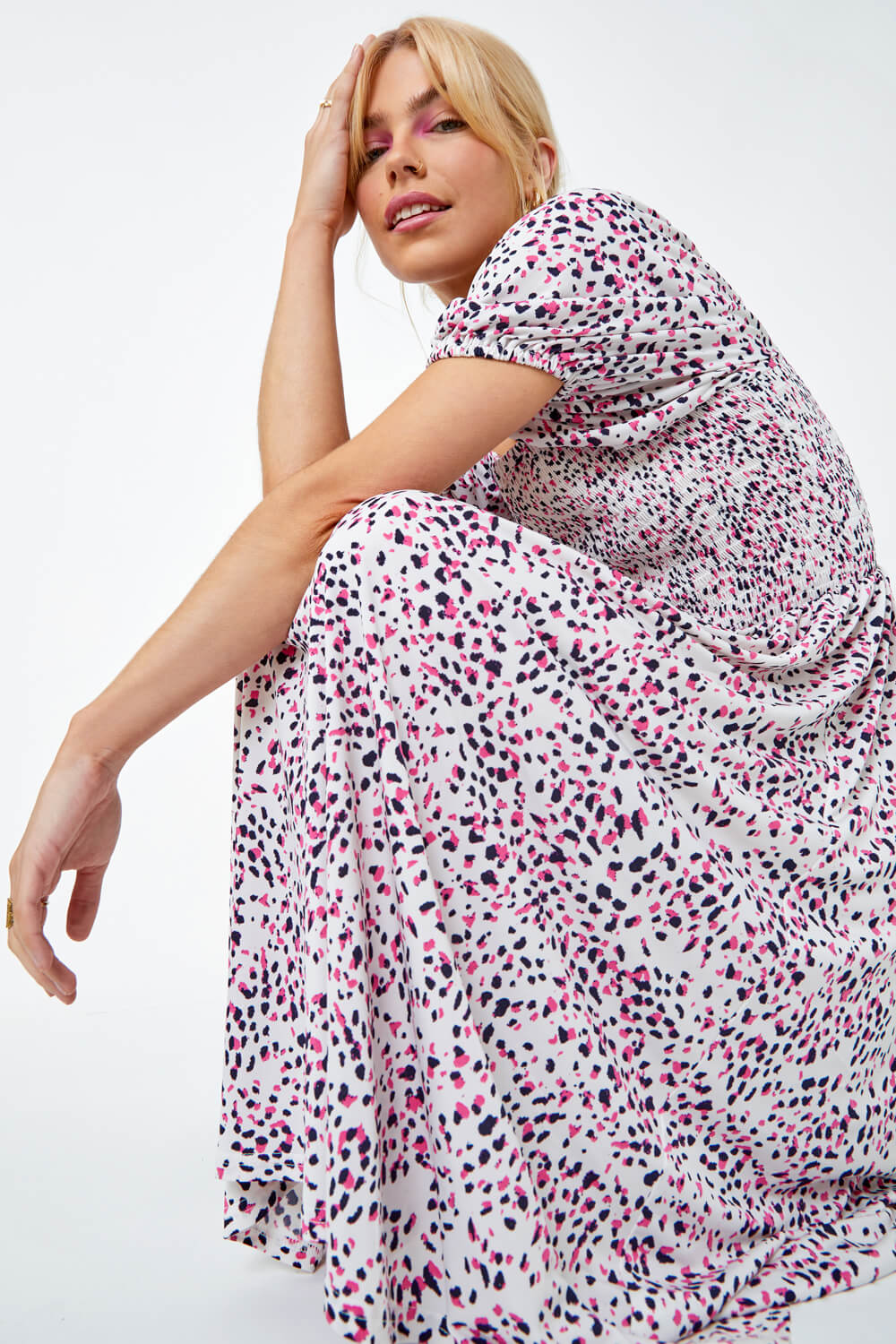 PINK Ditsy Spot Print Shirred Dress, Image 4 of 5