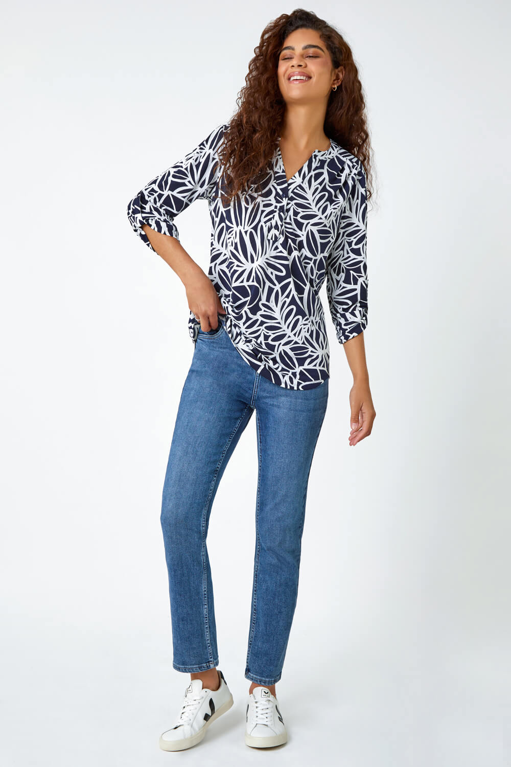 Navy  Textured Floral Print Stretch Top , Image 2 of 5