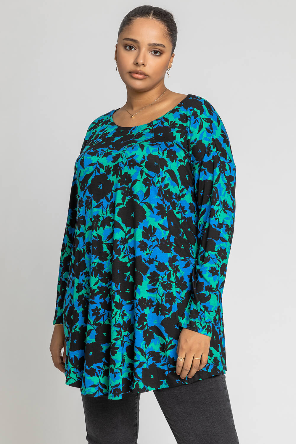 Curve Shadow Floral Print Jersey Top