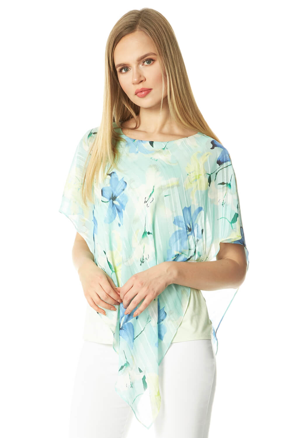 Mint Floral Print Asymmetric Overlay Top, Image 1 of 5