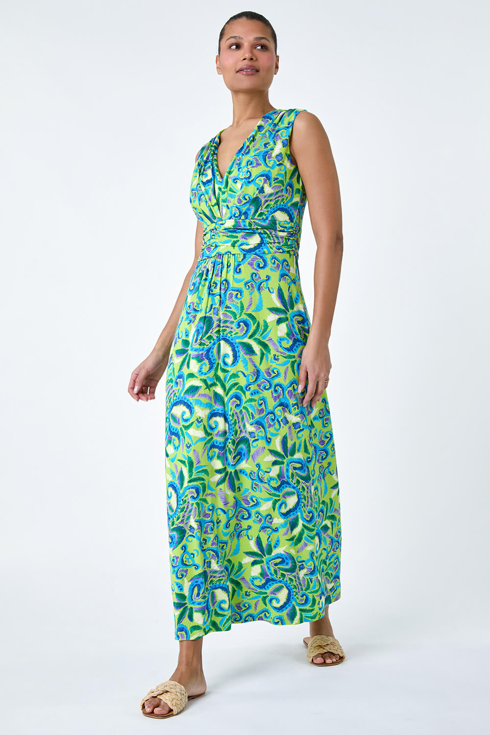 Lime Abstract Paisley Print Stretch Maxi Dress, Image 2 of 5