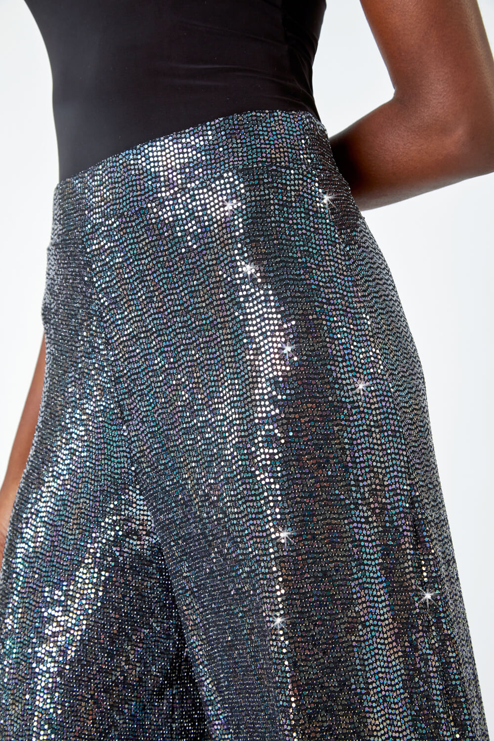 Silver Wide Leg Sequin Stretch Trousers, Image 7 of 7