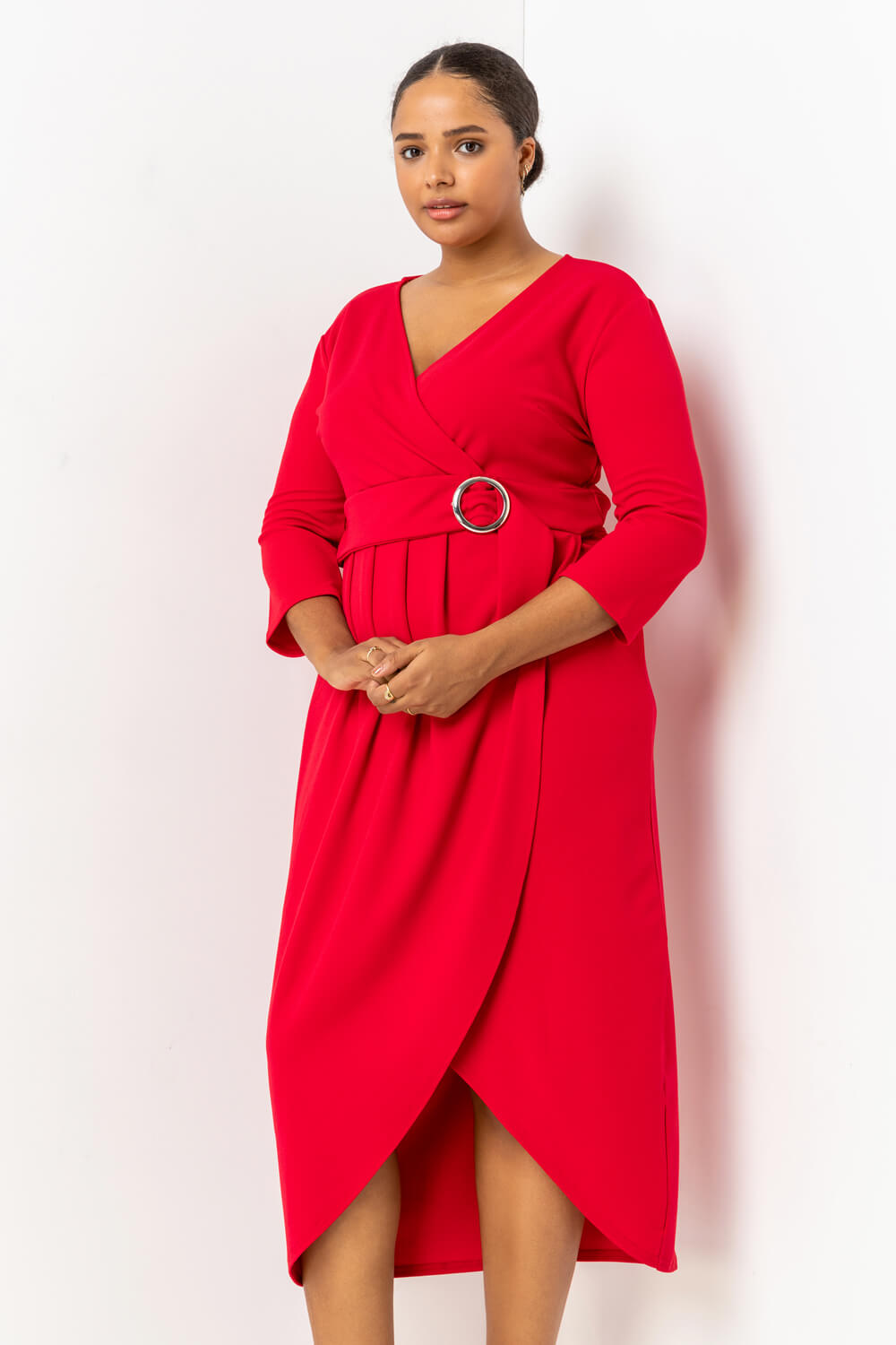 Red Curve Buckled Belt Ruched Wrap Dress, Image 5 of 5
