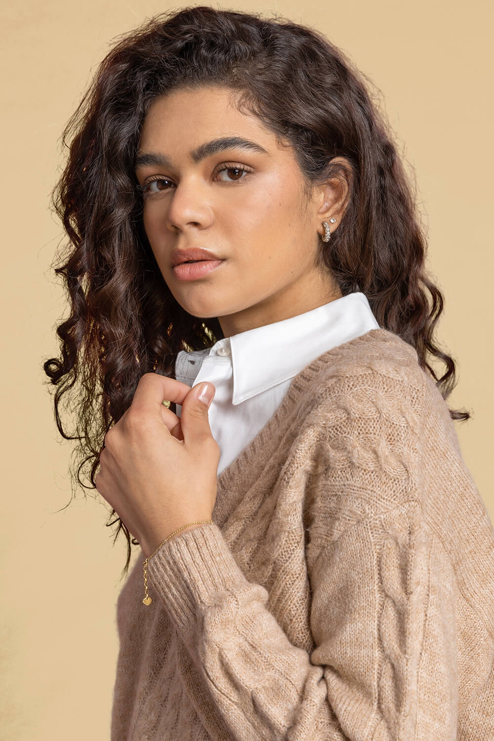 Camel  Shirt Collared Cable Knit Jumper, Image 4 of 5