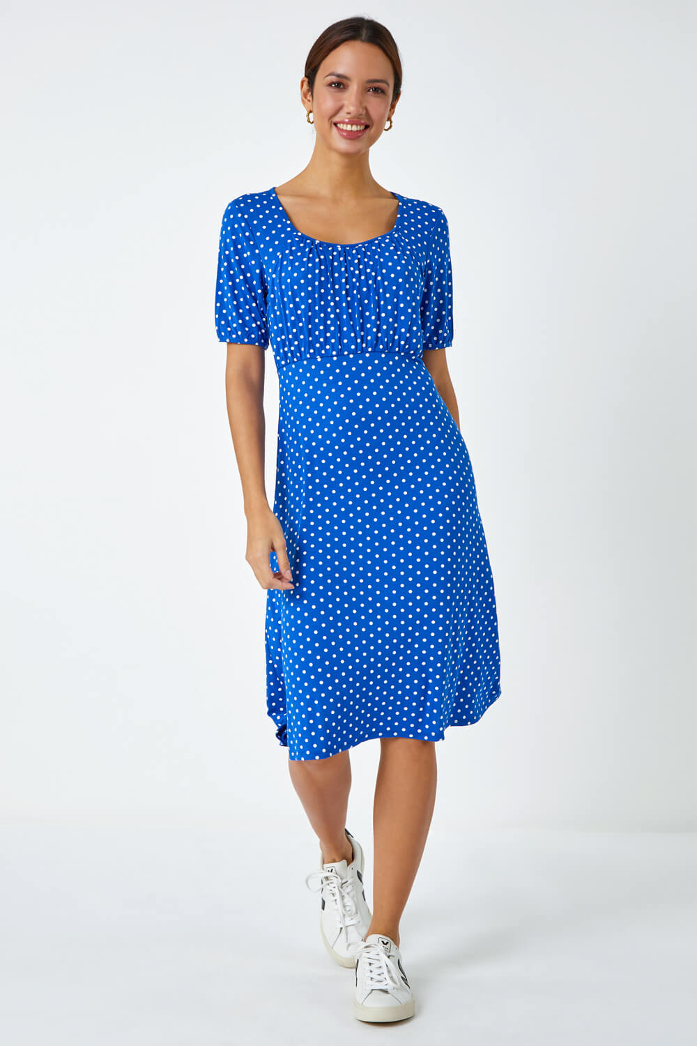 Royal Blue Polka Dot Print Stretch Dress, Image 2 of 5