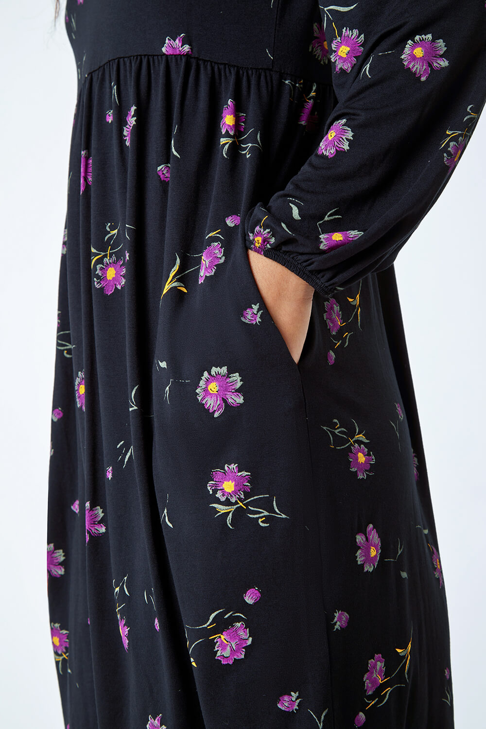 Black Floral Print Pocket Stretch Smock Dress, Image 5 of 5