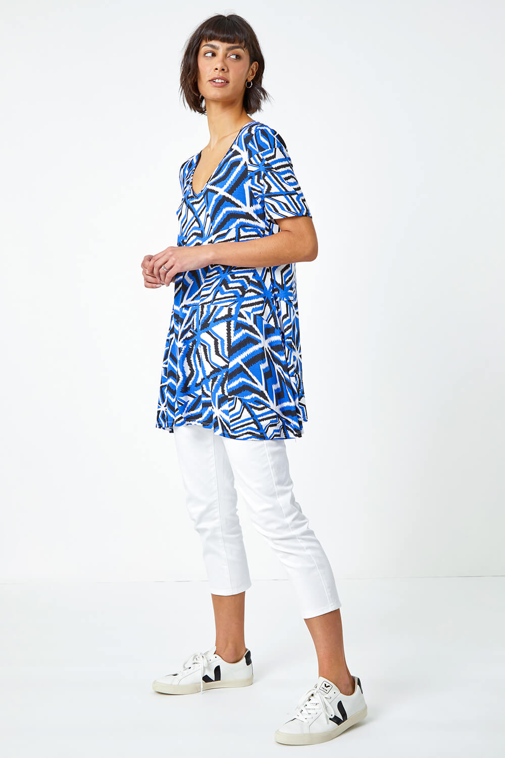 Blue Abstract Print Jersey Tunic Top, Image 2 of 5