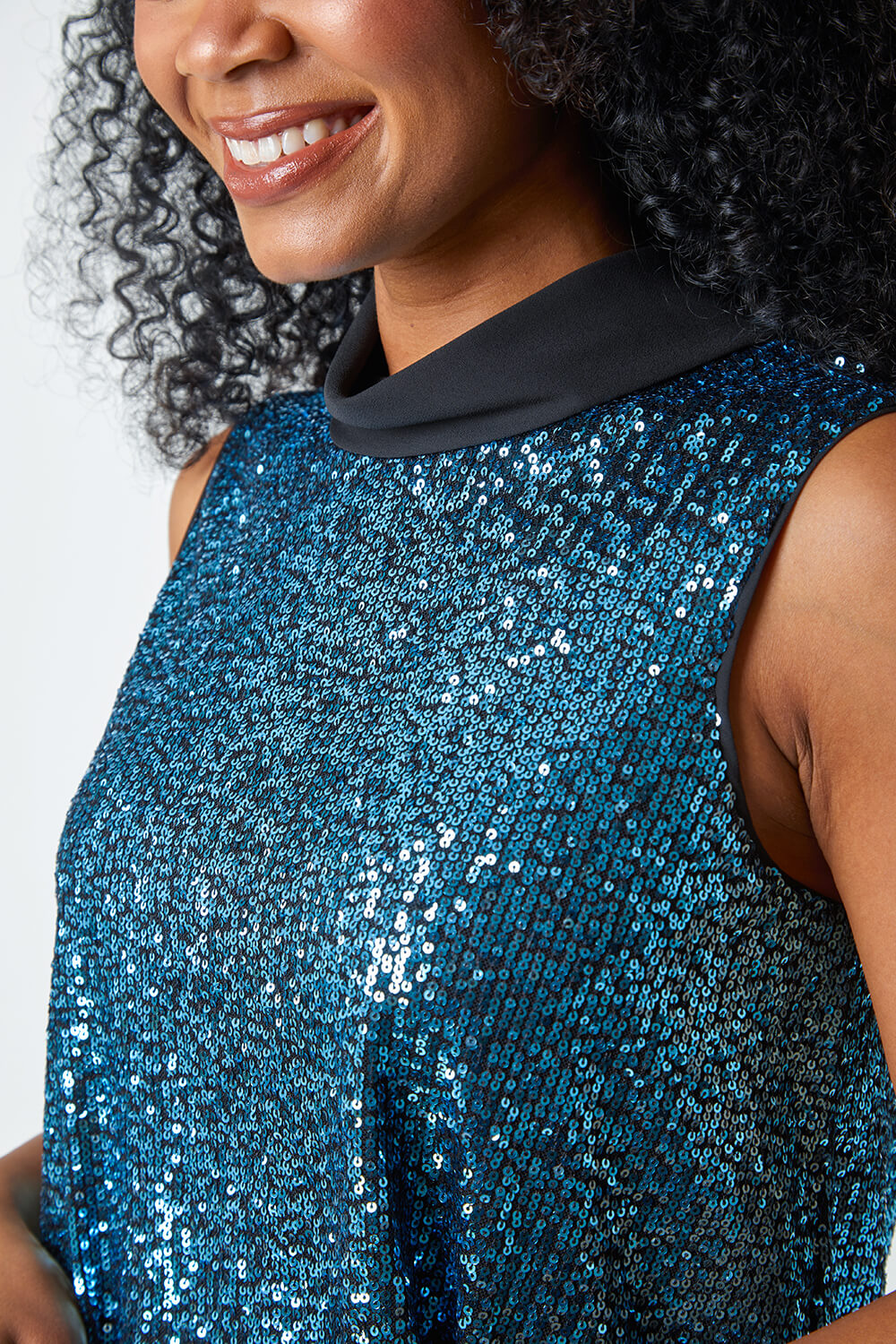 Blue Petite Sequin Roll Neck Top, Image 5 of 5
