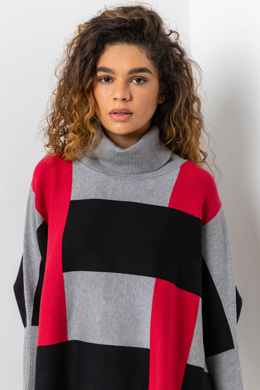 Red One Size Colourblock High Neck Poncho, Image 4 of 5