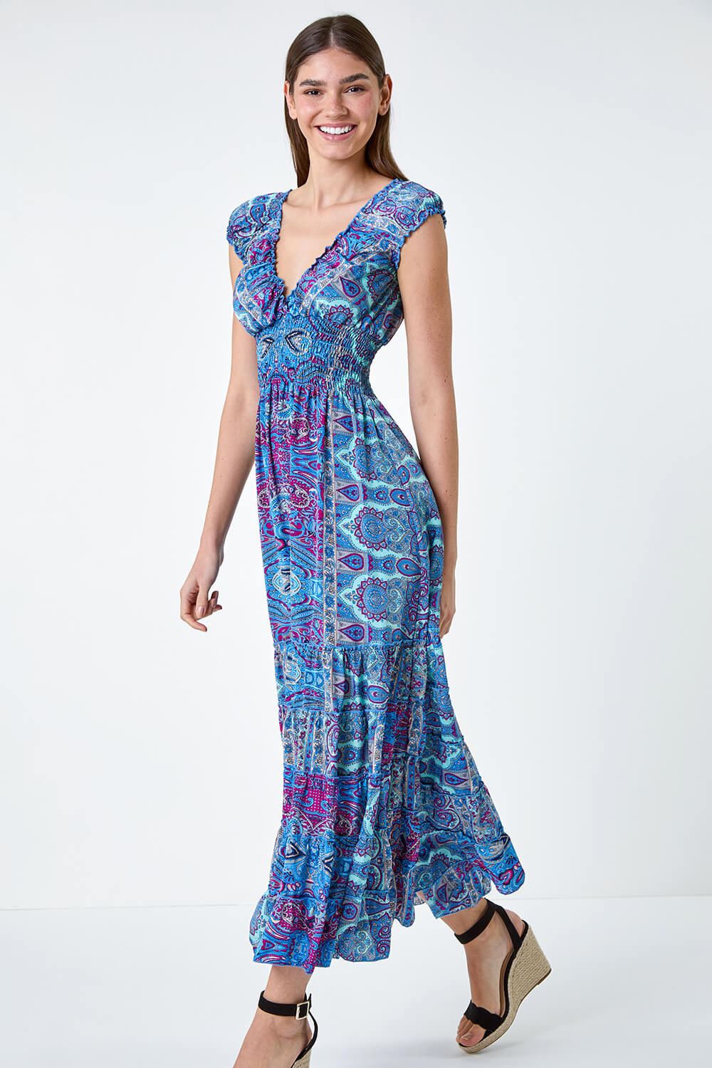 Blue Paisley Print Shirred Frill Maxi Dress, Image 2 of 6