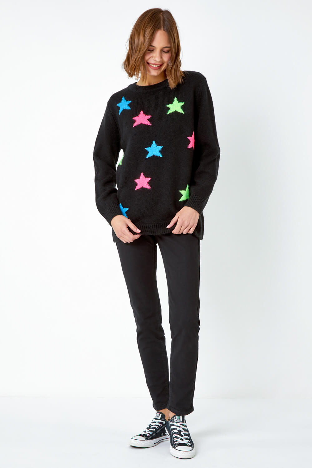 Black Star Print Knitted Stretch Jumper , Image 2 of 5