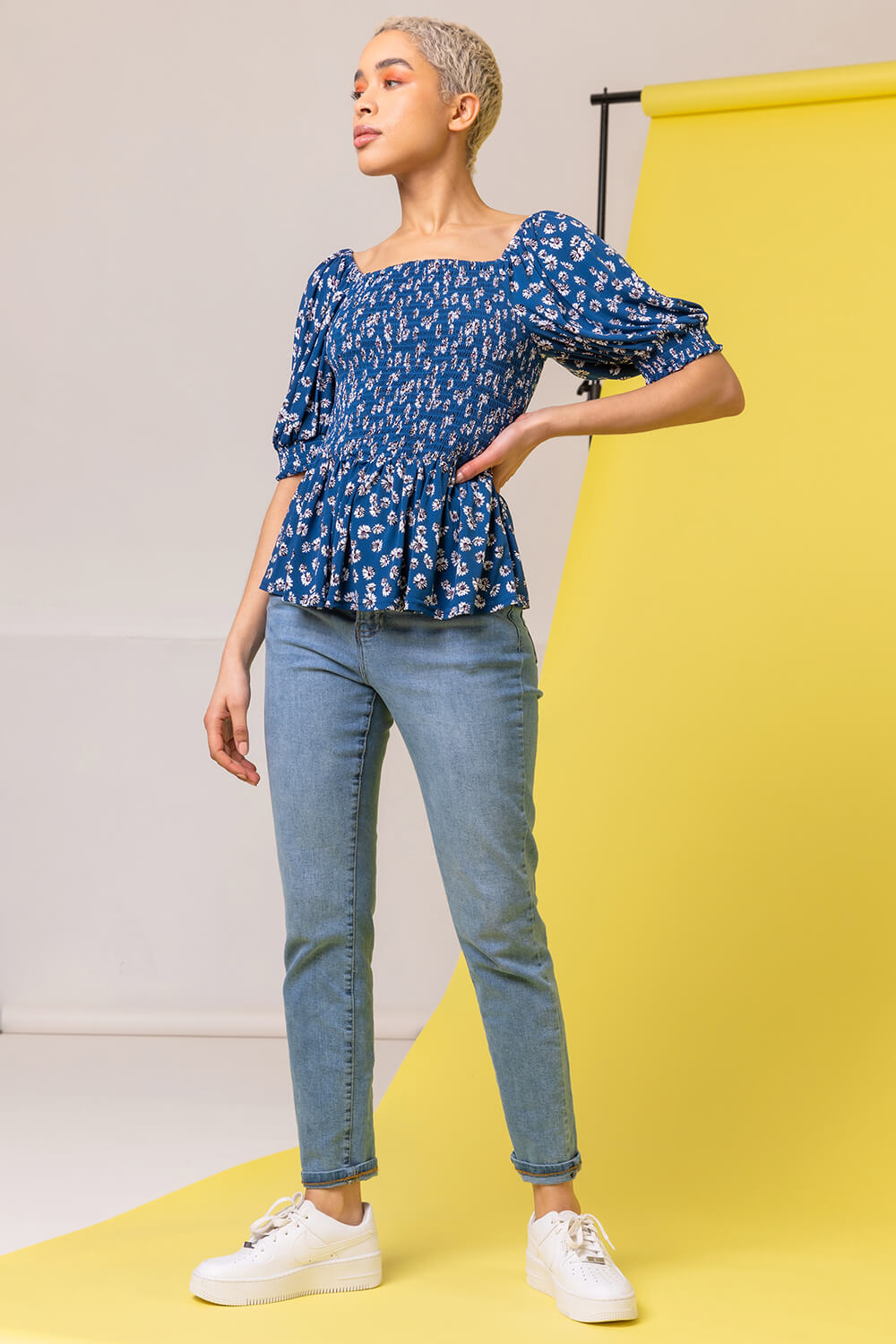 Blue Ditsy Floral Print Shirred Top, Image 3 of 5