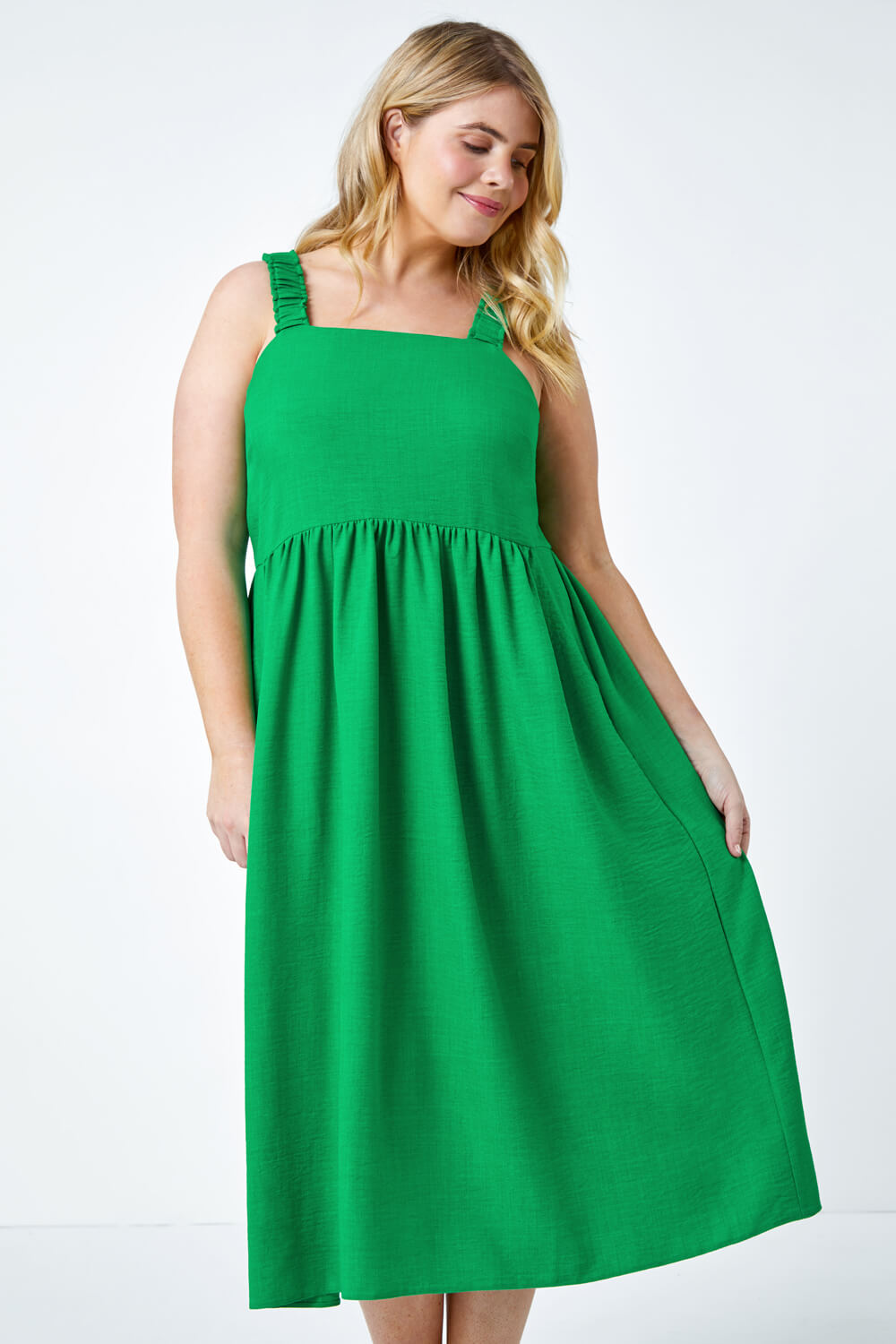 Green Curve Linen Look Ruched Midi Dress, Image 2 of 5