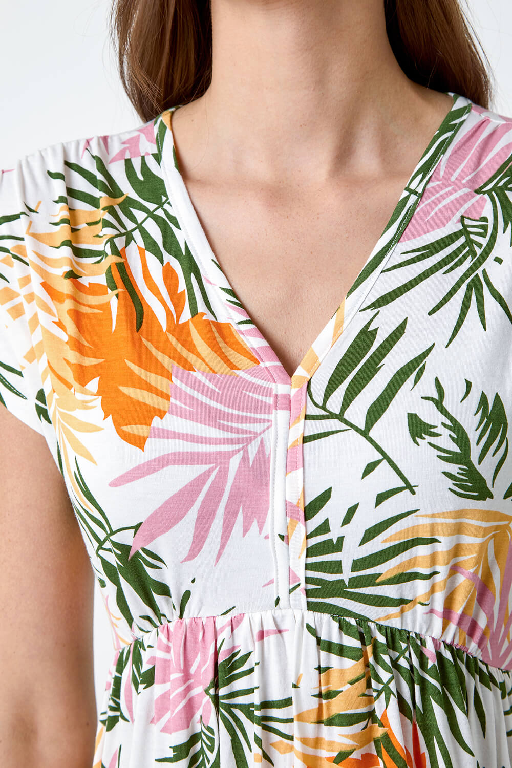 Green Tropical Floral Gathered Stretch Dress, Image 5 of 5