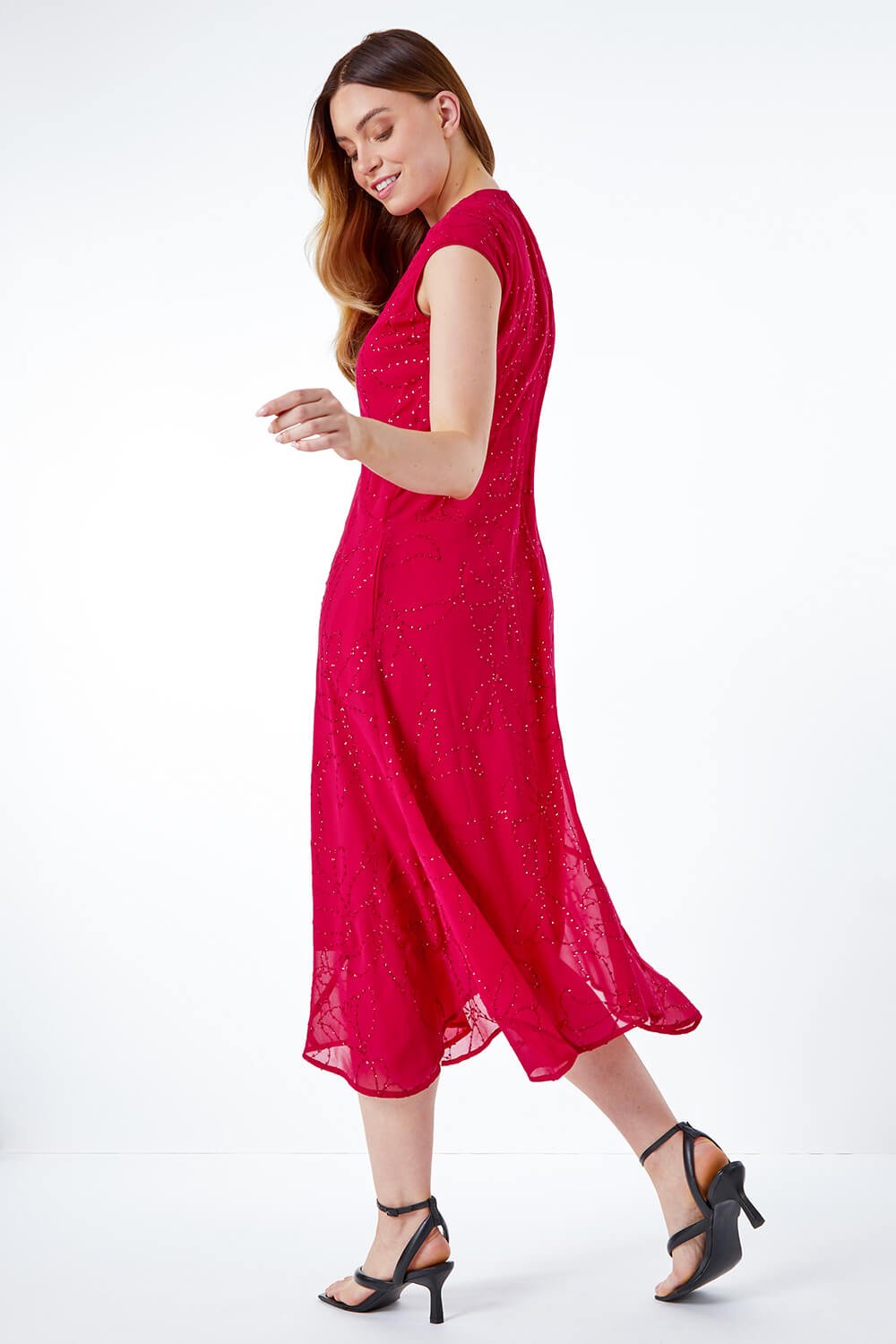 MAGENTA Embroidered Sequin Hanky Hem Dress, Image 3 of 5