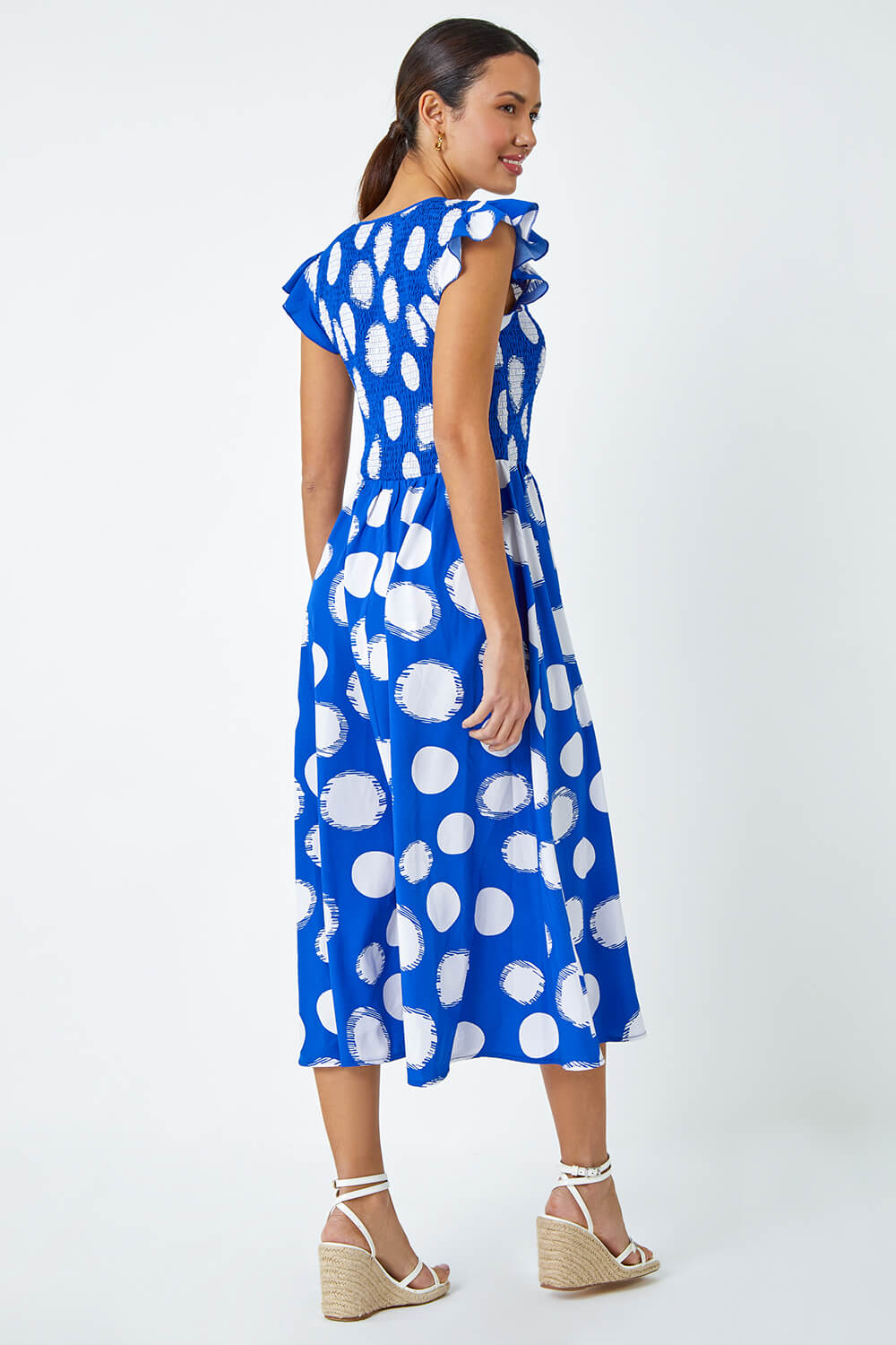 Royal Blue Polka Dot Shirred Stretch Midi Dress, Image 3 of 5