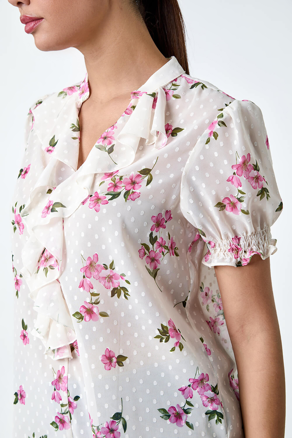 Ivory  Textured Spot Floral Print Frill Top, Image 5 of 5