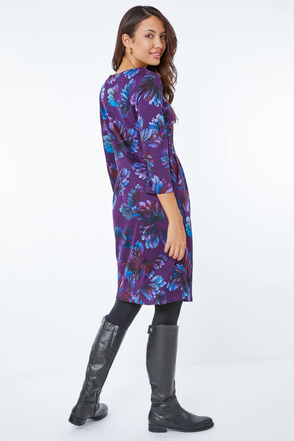 Purple Leaf Print Pocket Shift Dress, Image 3 of 5